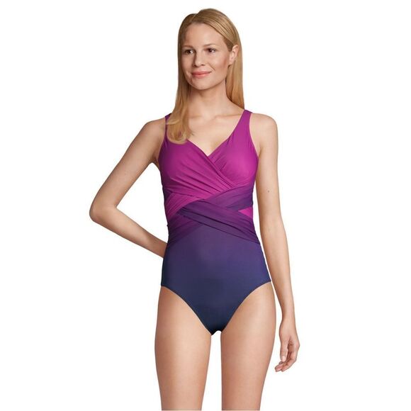 Land’s End Plus size Slenderize one piece Swim Ombré crossover soft cup Various - Picture 2 of 5